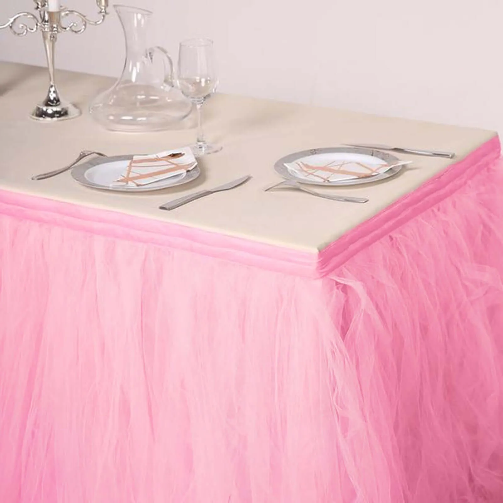 Tulle Table Skirt 17ft Pink/Rose Quartz - 4 Layer Pleated Tutu Table Cover