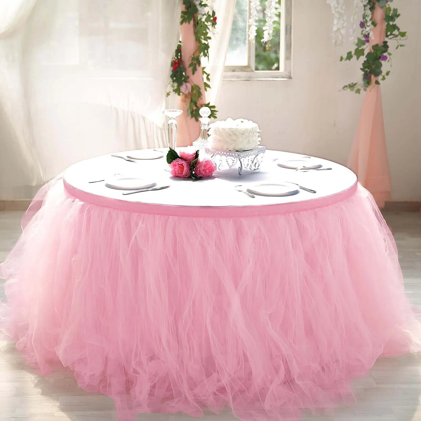 Tulle Table Skirt 17ft Pink/Rose Quartz - 4 Layer Pleated Tutu Table Cover