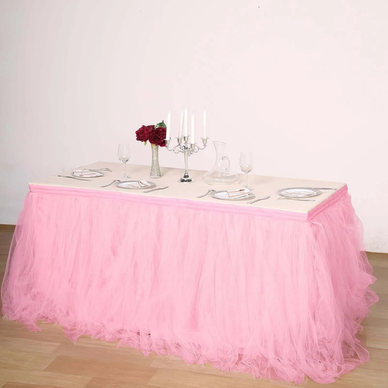 Tulle Table Skirt 17ft Pink/Rose Quartz - 4 Layer Pleated Tutu Table Cover