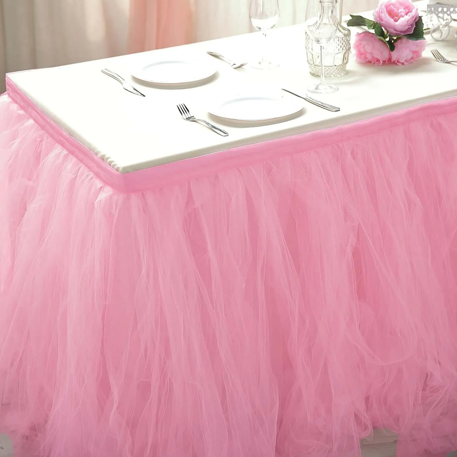 Tulle Table Skirt 17ft Pink/Rose Quartz - 4 Layer Pleated Tutu Table Cover