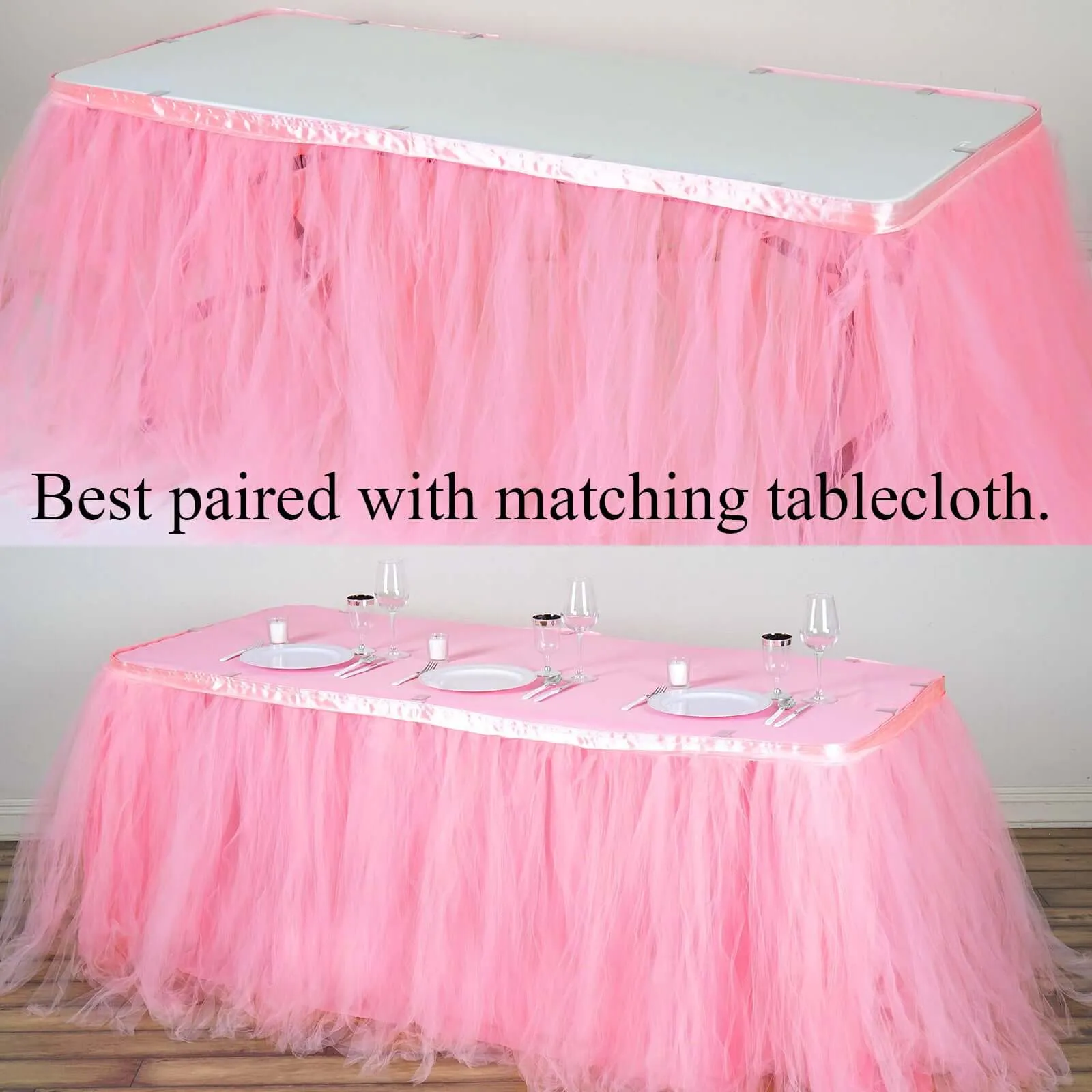 Tulle Table Skirt 17ft Pink/Rose Quartz - 4 Layer Pleated Tutu Table Cover