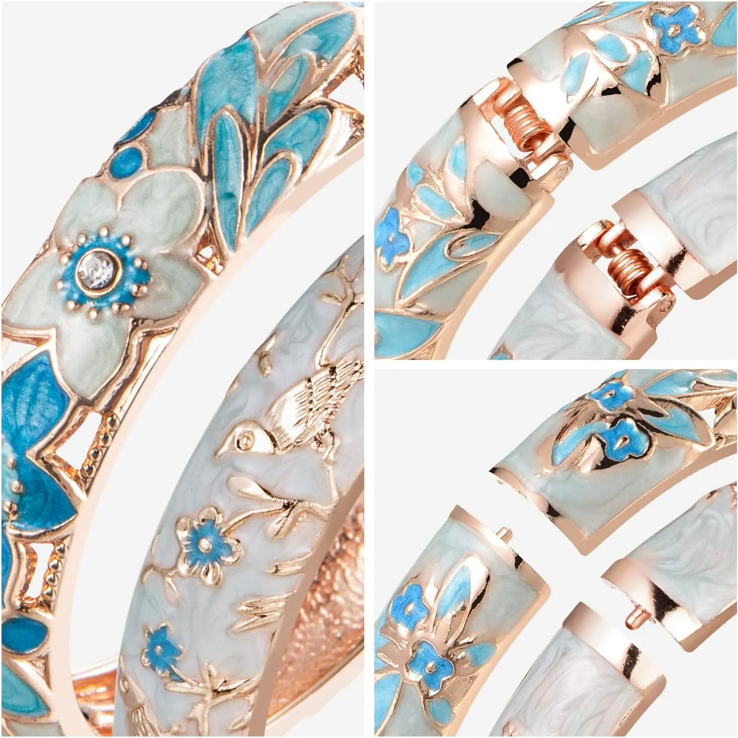 UJOY Handcraft Cloisonne Jewelry Bracelet Colorful Enamel Butterfly Flower Bird Hollowed Spring Hinged Cuff Bangles Women Gifts Pack in Box 88A11
