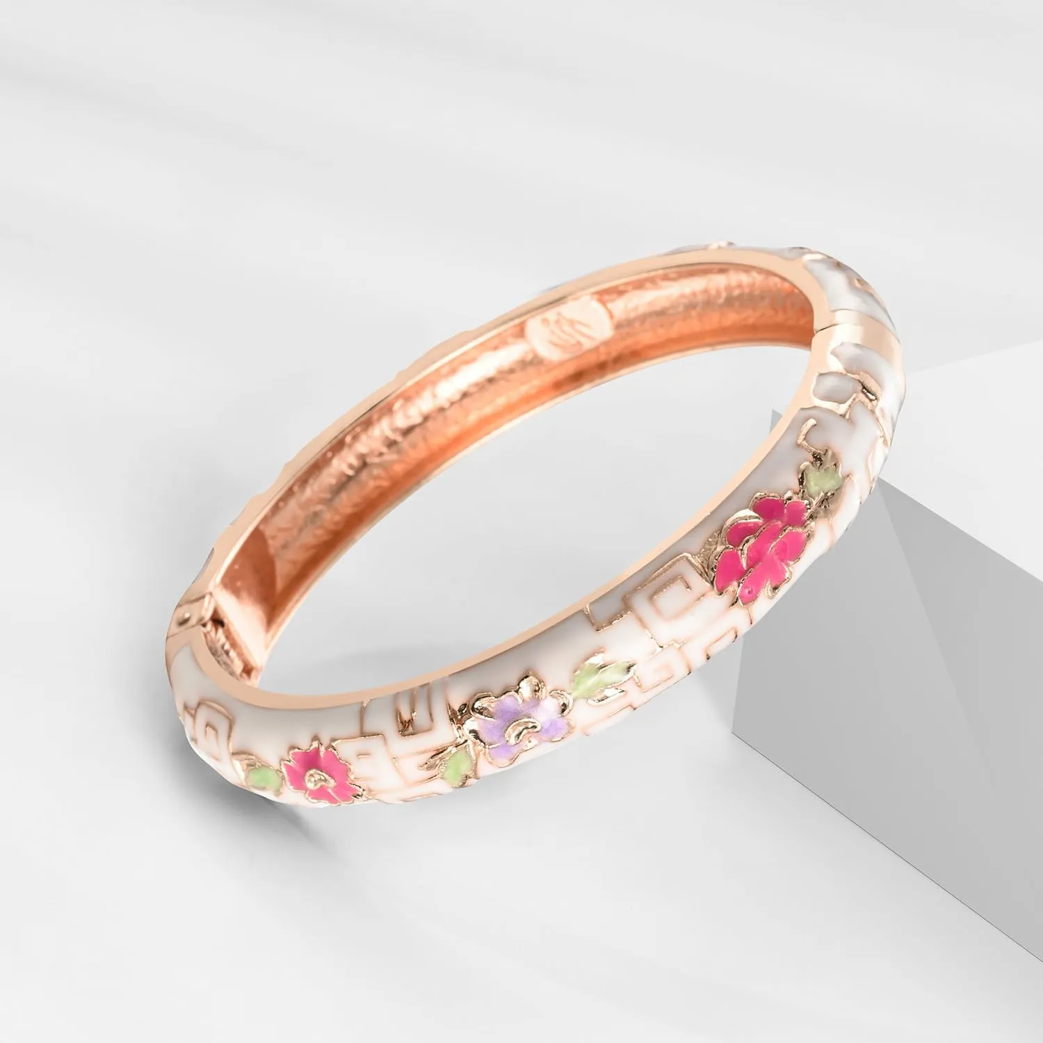 UJOY Vintage Cloisonne Bracelets Cuff Golden Metal Bangles Indian Flower Pink Enameled Jewelry Box for Women