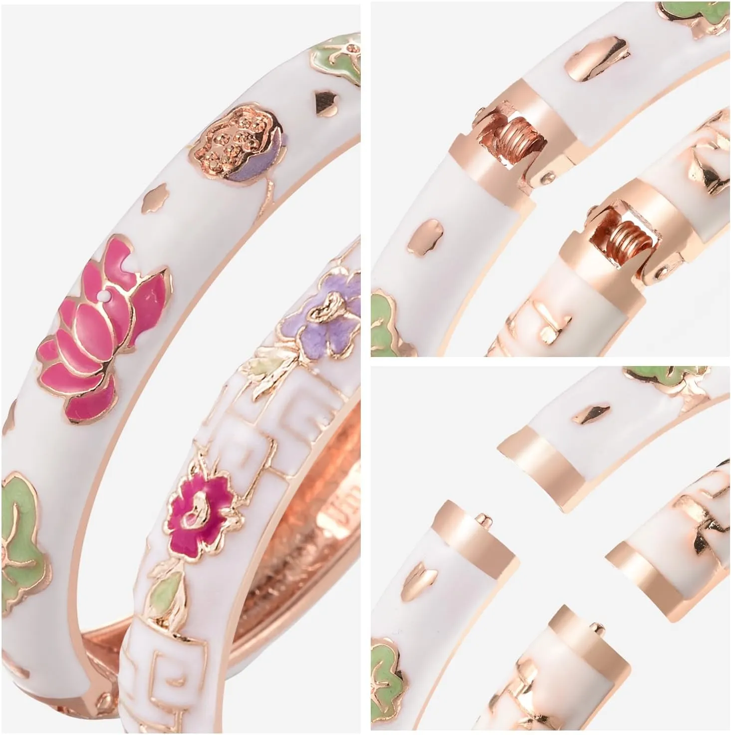 UJOY Vintage Cloisonne Bracelets Cuff Golden Metal Bangles Indian Flower Pink Enameled Jewelry Box for Women