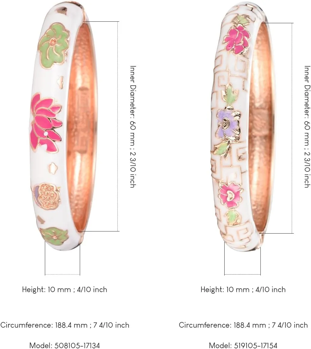 UJOY Vintage Cloisonne Bracelets Cuff Golden Metal Bangles Indian Flower Pink Enameled Jewelry Box for Women