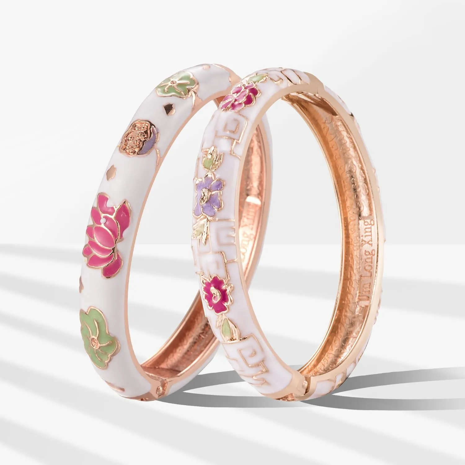 UJOY Vintage Cloisonne Bracelets Cuff Golden Metal Bangles Indian Flower Pink Enameled Jewelry Box for Women