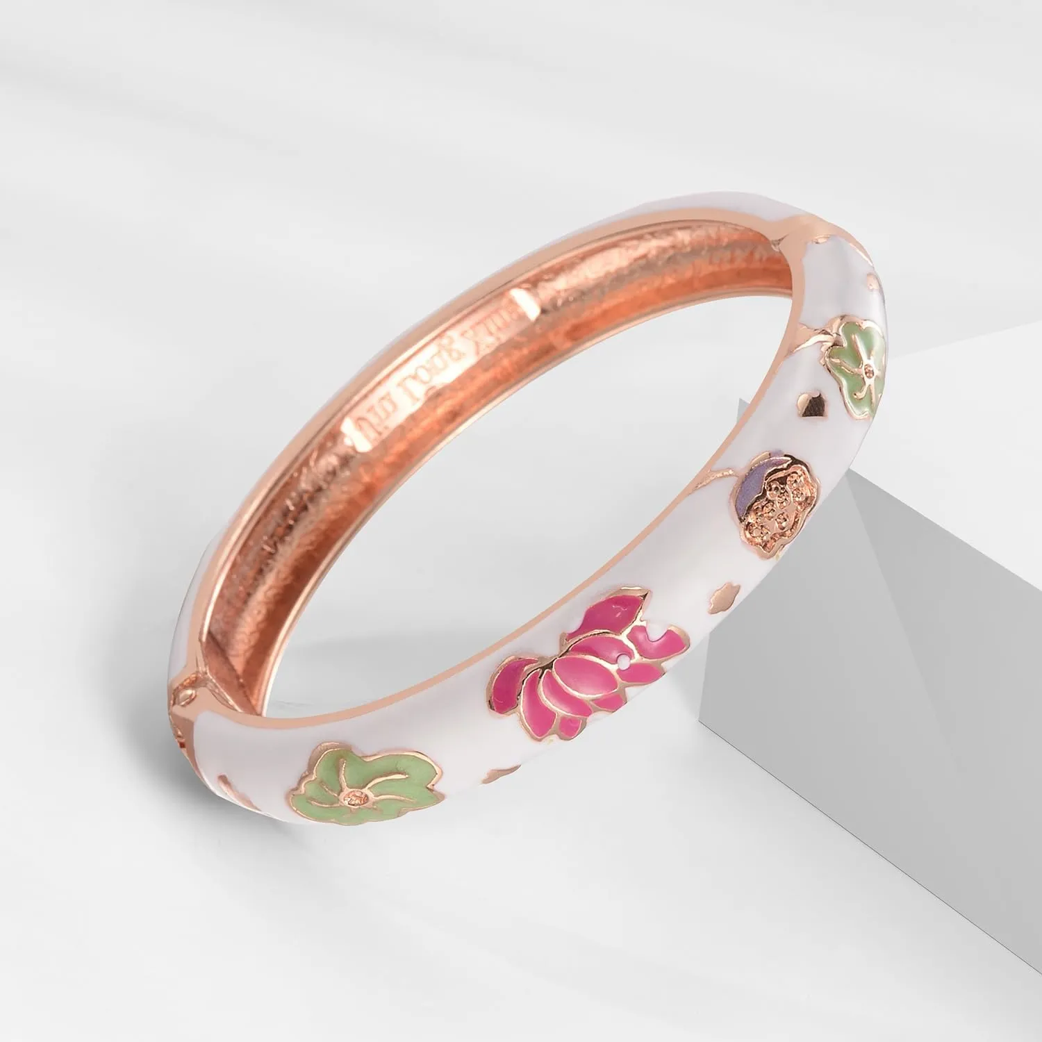 UJOY Vintage Cloisonne Bracelets Cuff Golden Metal Bangles Indian Flower Pink Enameled Jewelry Box for Women