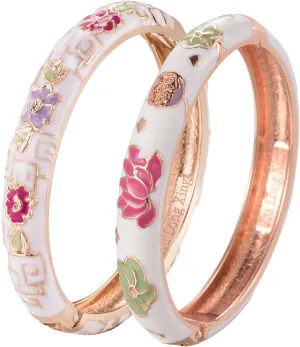 UJOY Vintage Cloisonne Bracelets Cuff Golden Metal Bangles Indian Flower Pink Enameled Jewelry Box for Women
