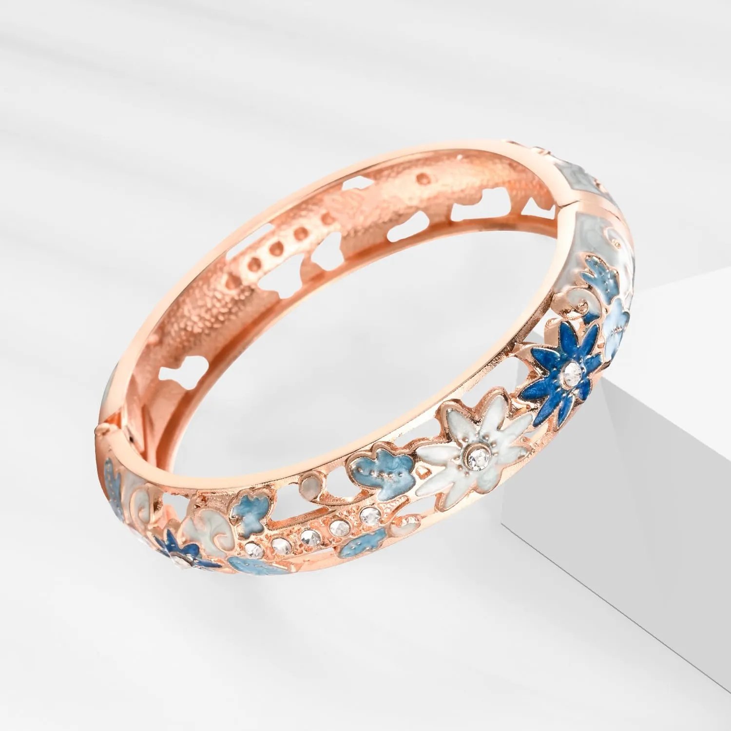 UJOY Vintage Cloisonne Jewelry Handcrafted Bracelets Gorgeous Enameled Flower Gold Plated Cuff Bangles Gifts 88A