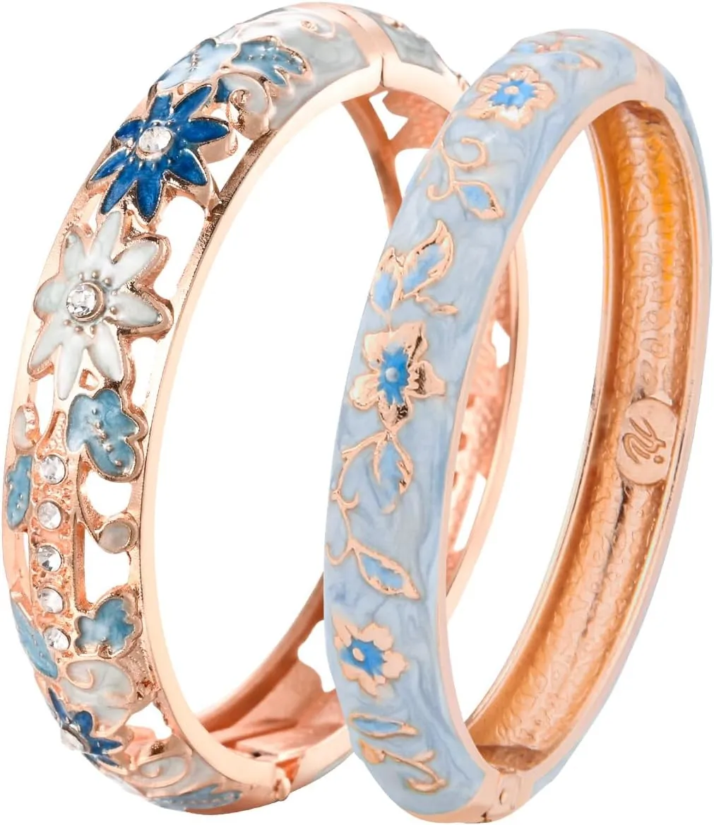 UJOY Vintage Cloisonne Jewelry Handcrafted Bracelets Gorgeous Enameled Flower Gold Plated Cuff Bangles Gifts 88A