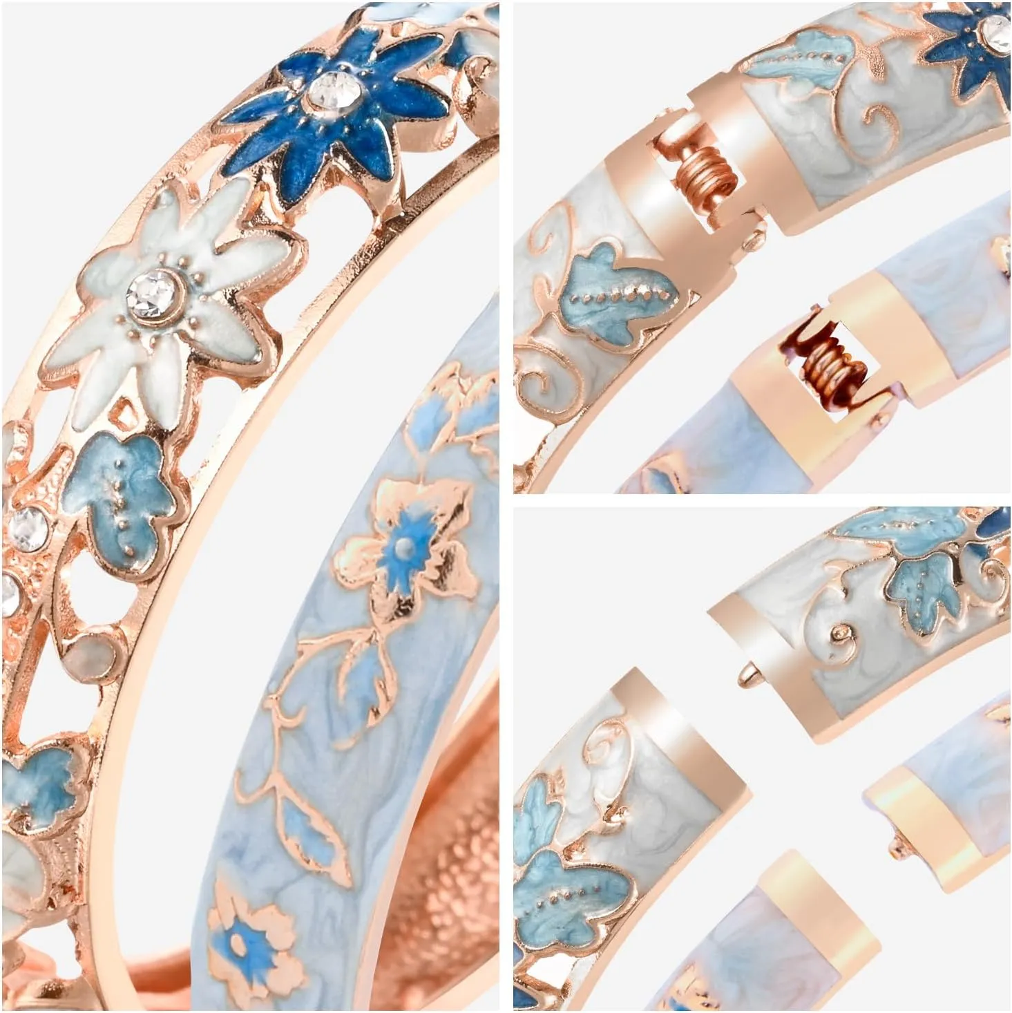 UJOY Vintage Cloisonne Jewelry Handcrafted Bracelets Gorgeous Enameled Flower Gold Plated Cuff Bangles Gifts 88A