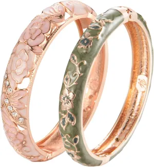 UJOY Vintage Cloisonne Jewelry Handcrafted Bracelets Gorgeous Enameled Flower Gold Plated Cuff Bangles Gifts 88A