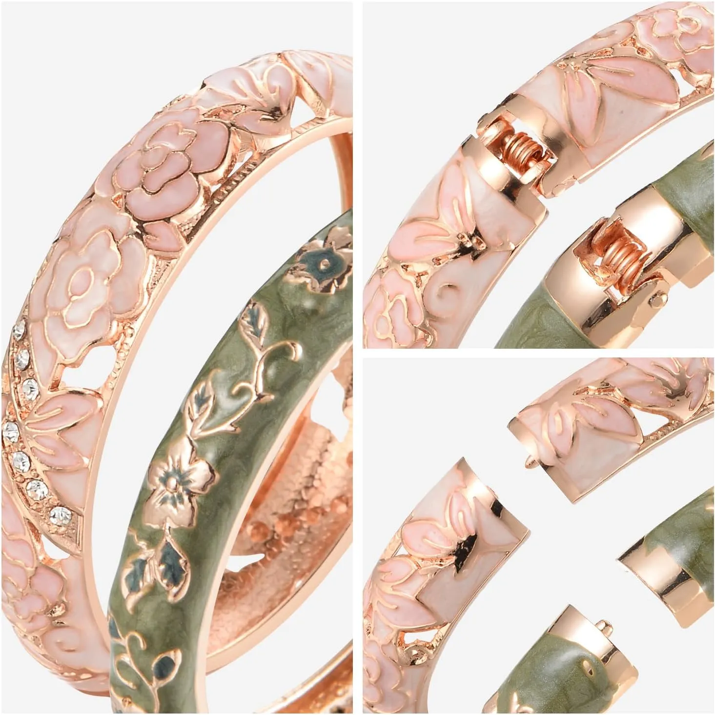 UJOY Vintage Cloisonne Jewelry Handcrafted Bracelets Gorgeous Enameled Flower Gold Plated Cuff Bangles Gifts 88A