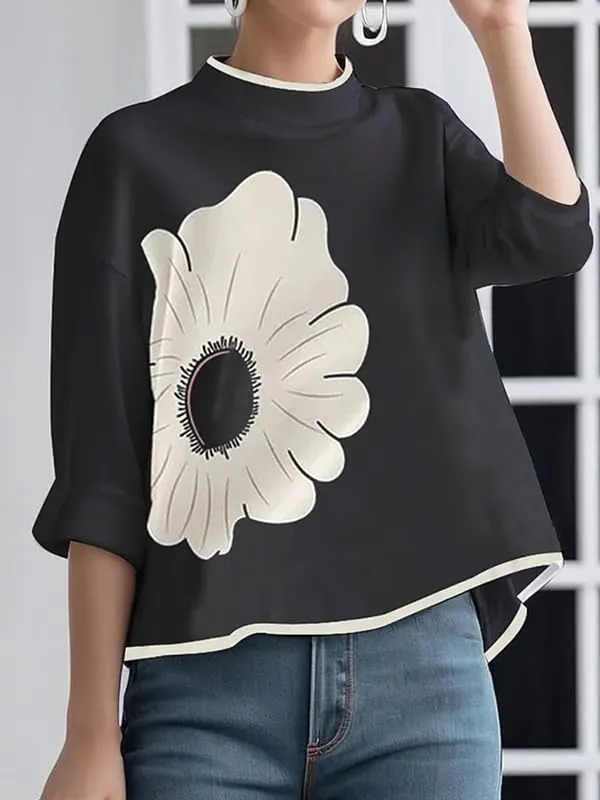 UOOZEE Women's 3/4 Sleeve Floral Dressy Casual Tops Loose High Low Hem Flowy Blouses Shirts