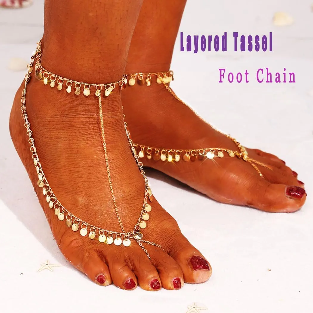 Ursumy Gold Beaded Foot Chain for Women Sequins Barefoot Sandals Layered Tassel Foot Chain Summer Beach Foot Jewelry
