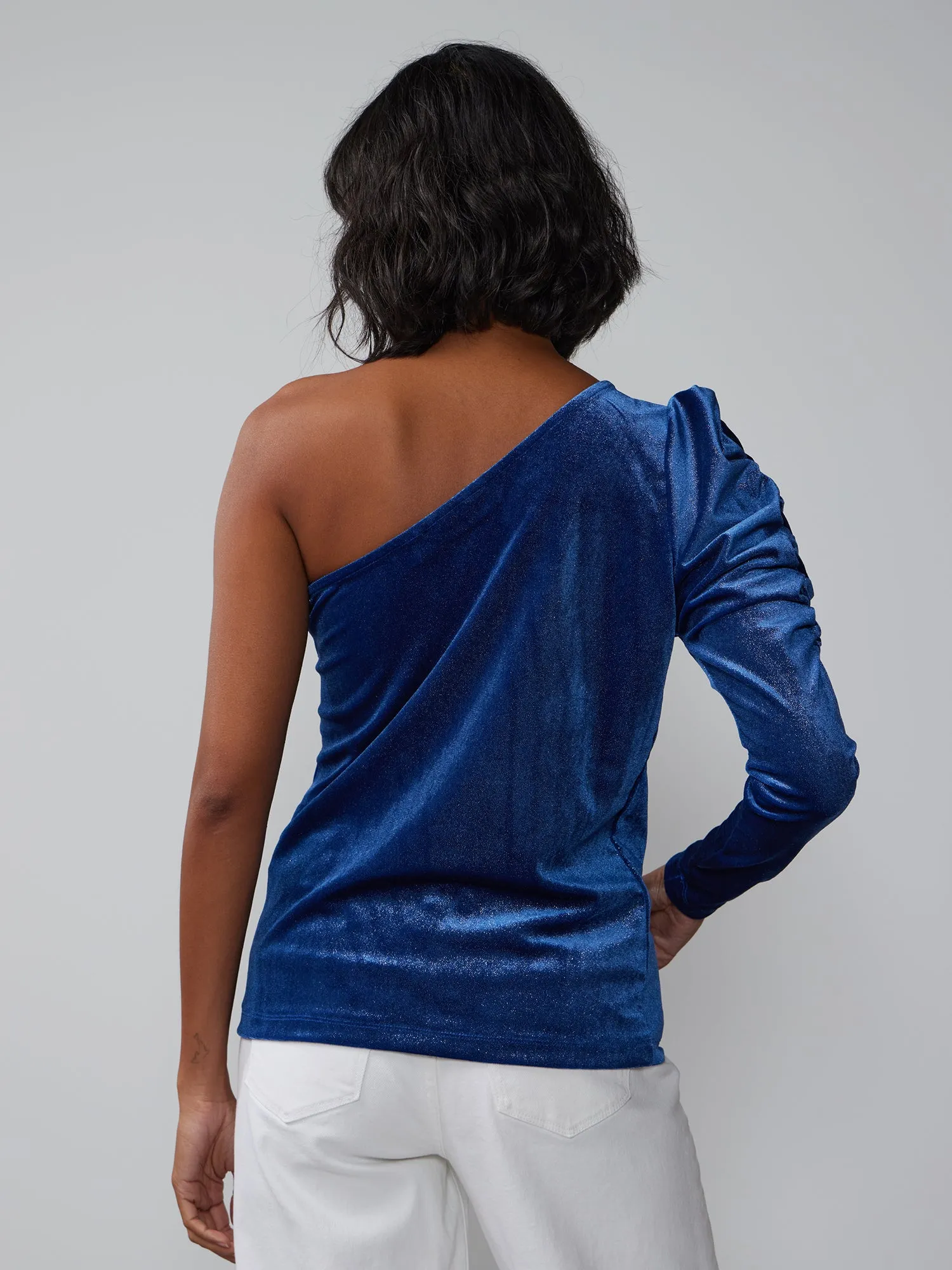 Velvet Ruched Sleeve One Shoulder Top