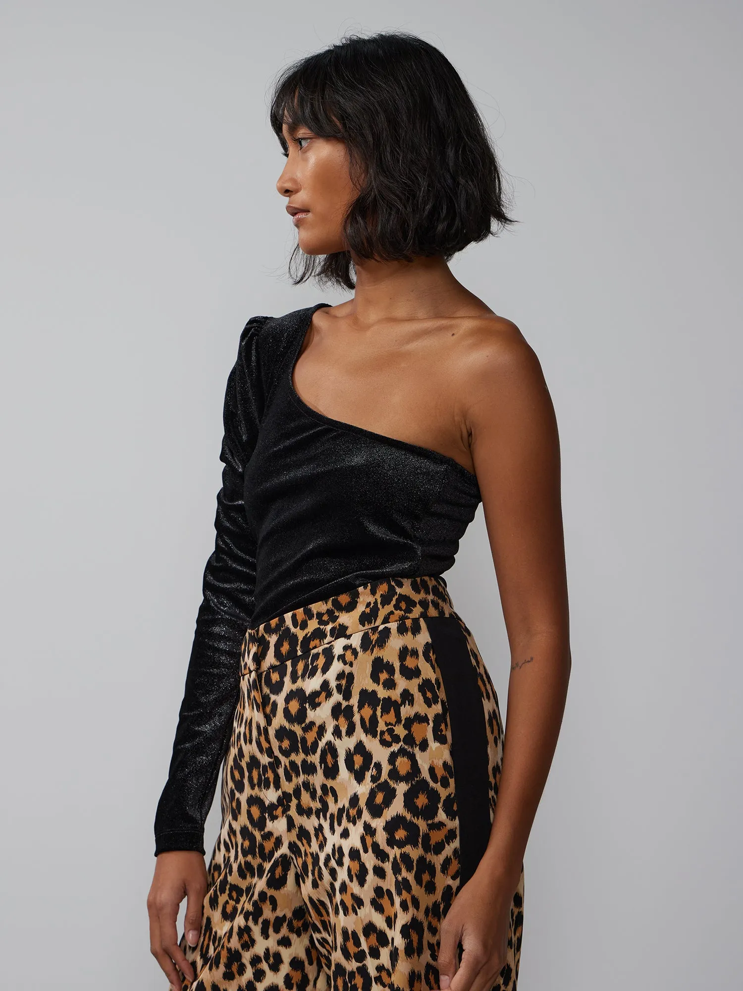 Velvet Ruched Sleeve One Shoulder Top