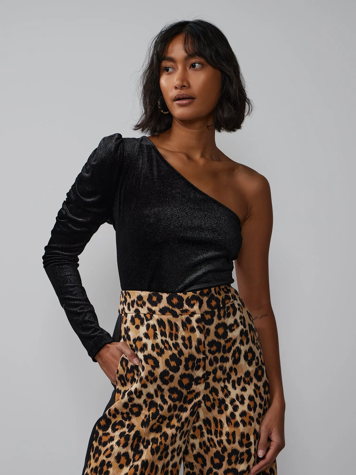 Velvet Ruched Sleeve One Shoulder Top