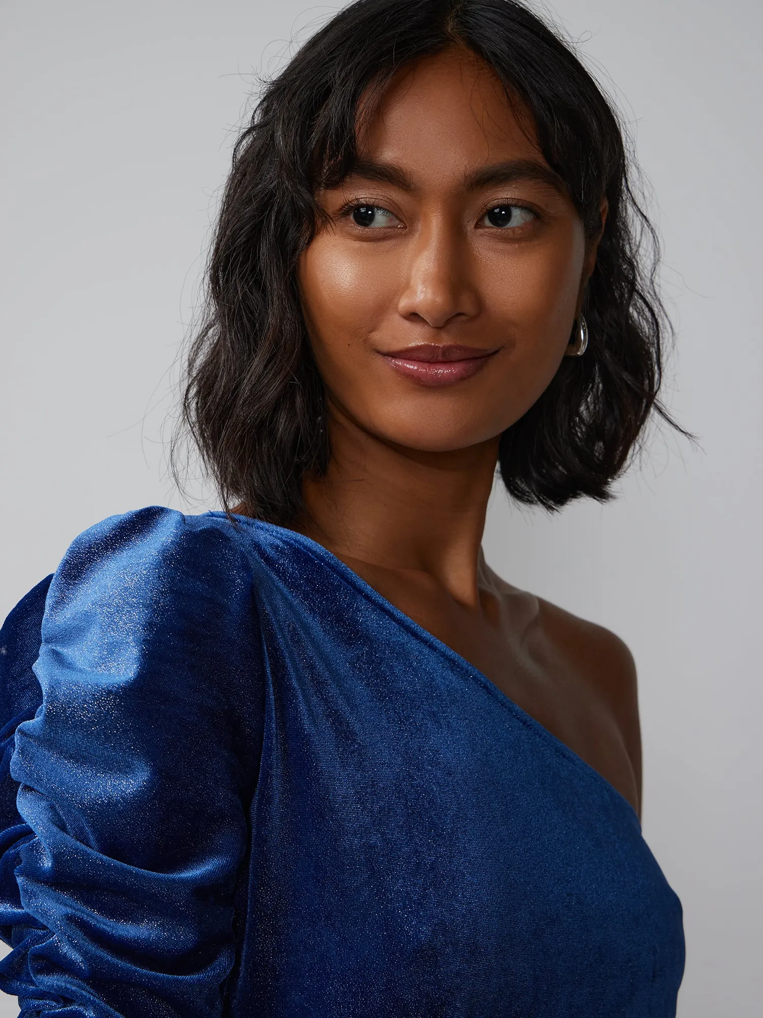 Velvet Ruched Sleeve One Shoulder Top
