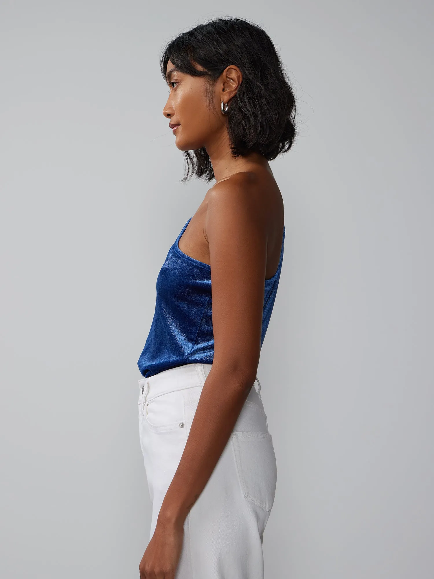 Velvet Ruched Sleeve One Shoulder Top