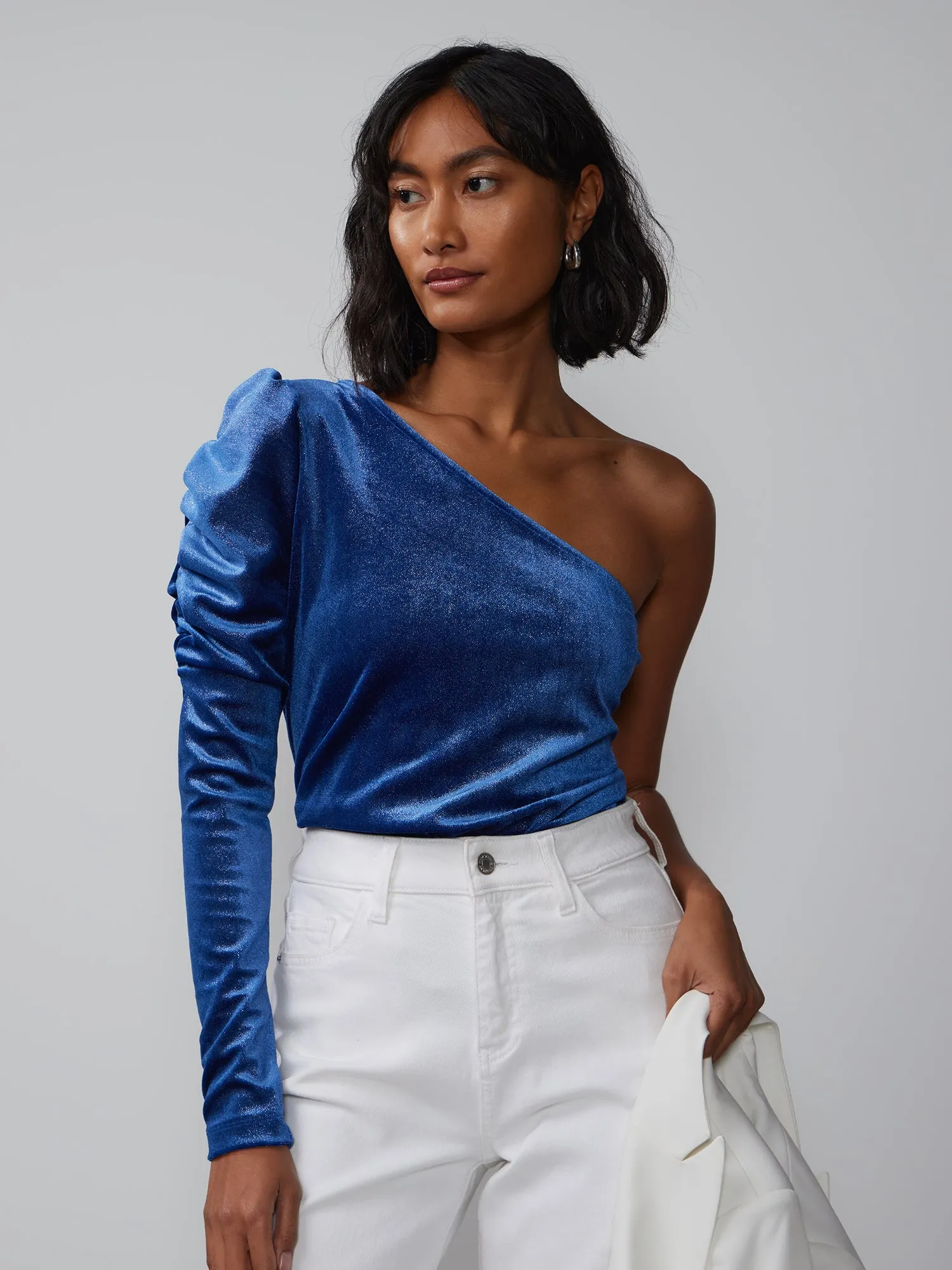 Velvet Ruched Sleeve One Shoulder Top