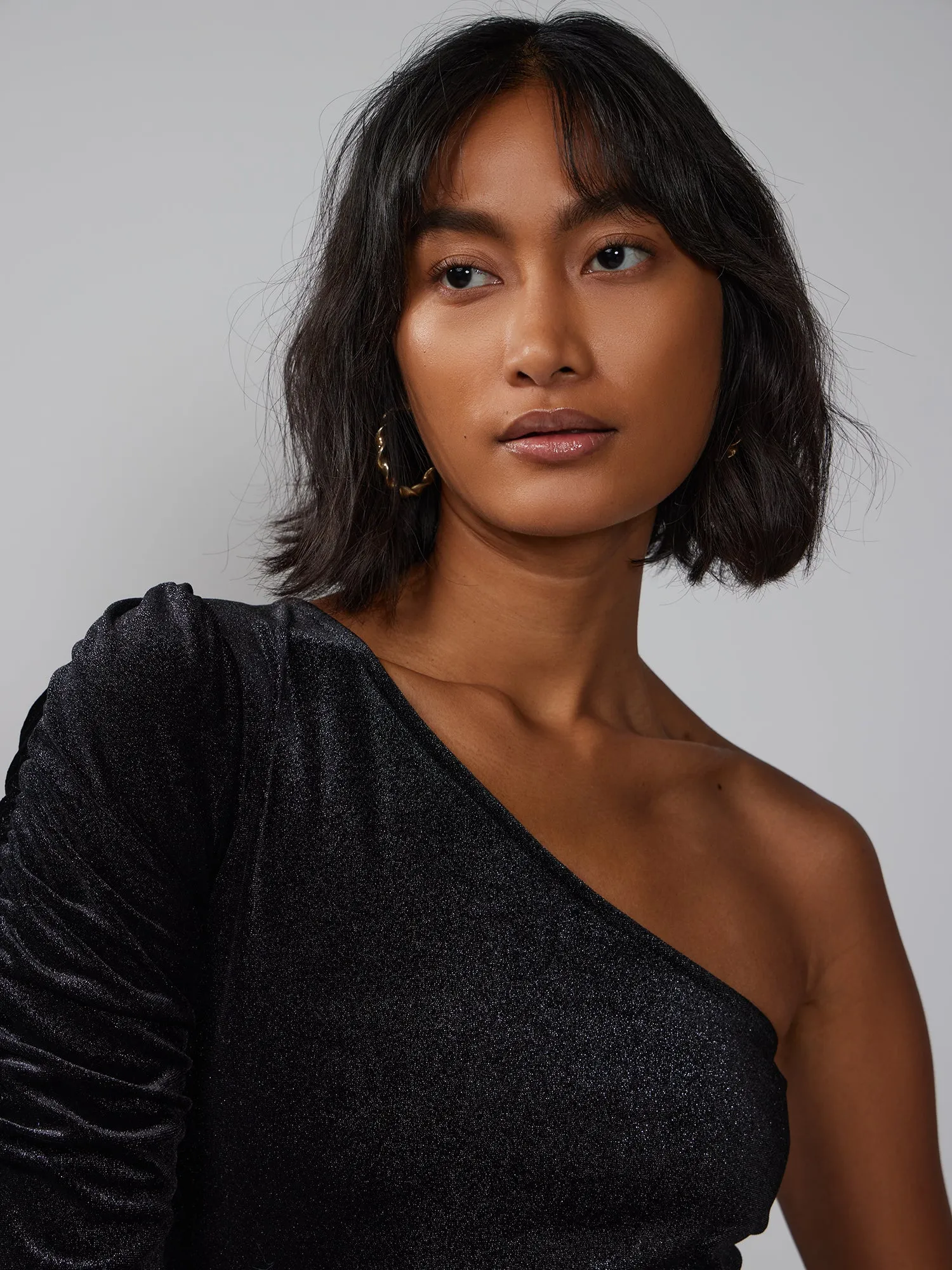 Velvet Ruched Sleeve One Shoulder Top