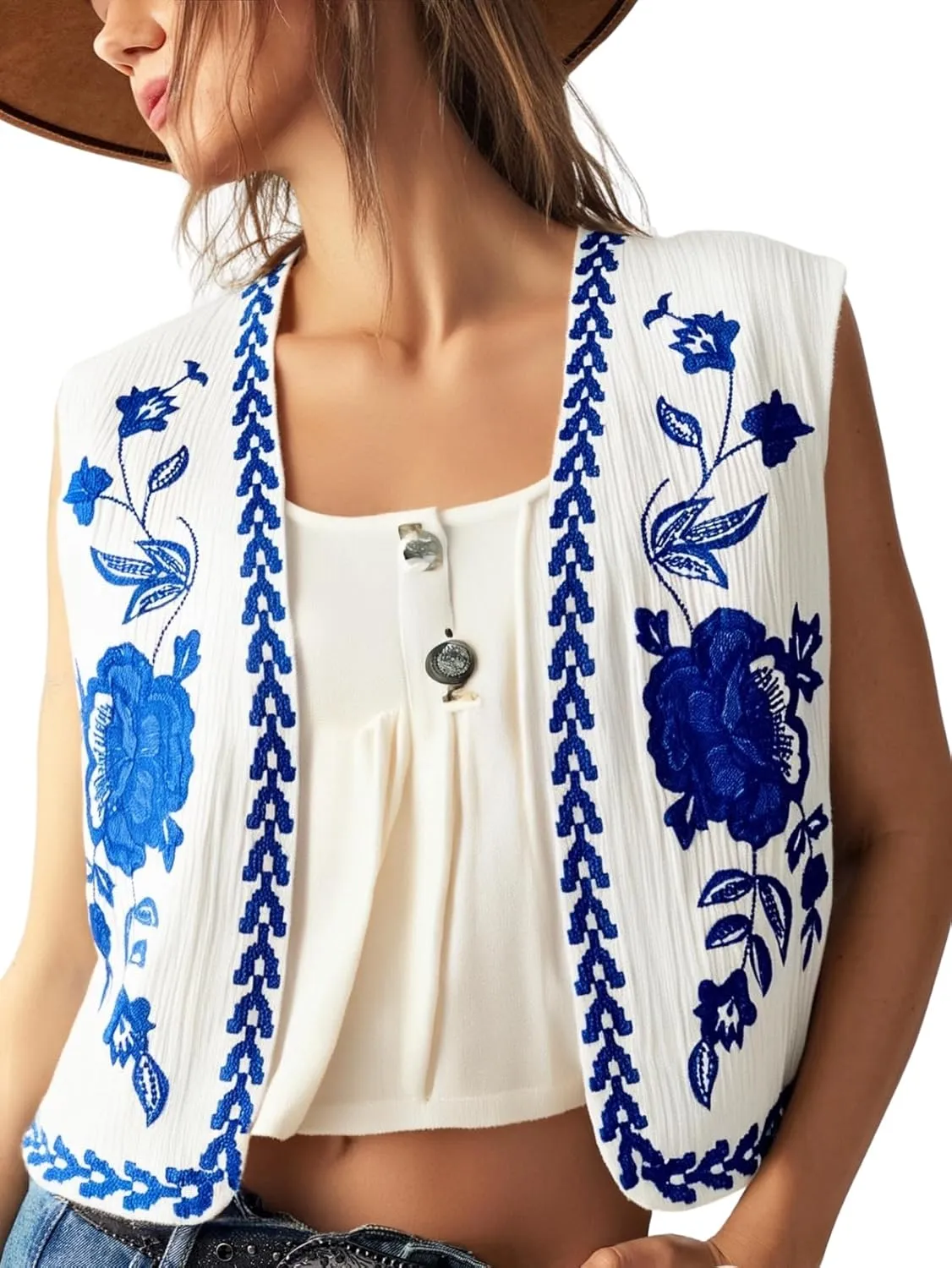 Verdusa Women's Boho Western Floral Embroidery Tank Tops Button Front V Neck Vest Tops