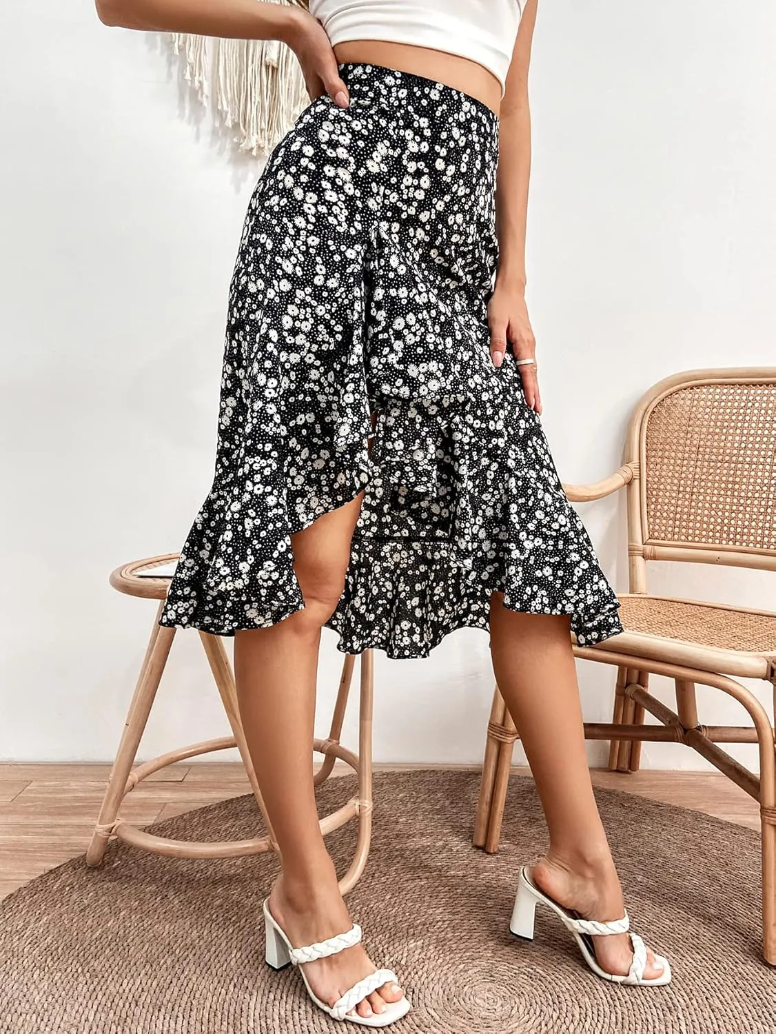 Verdusa Women's Ruffle Trim High Split Printed Skirt