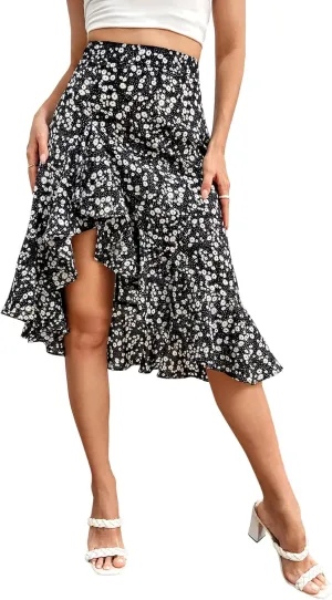 Verdusa Women's Ruffle Trim High Split Printed Skirt