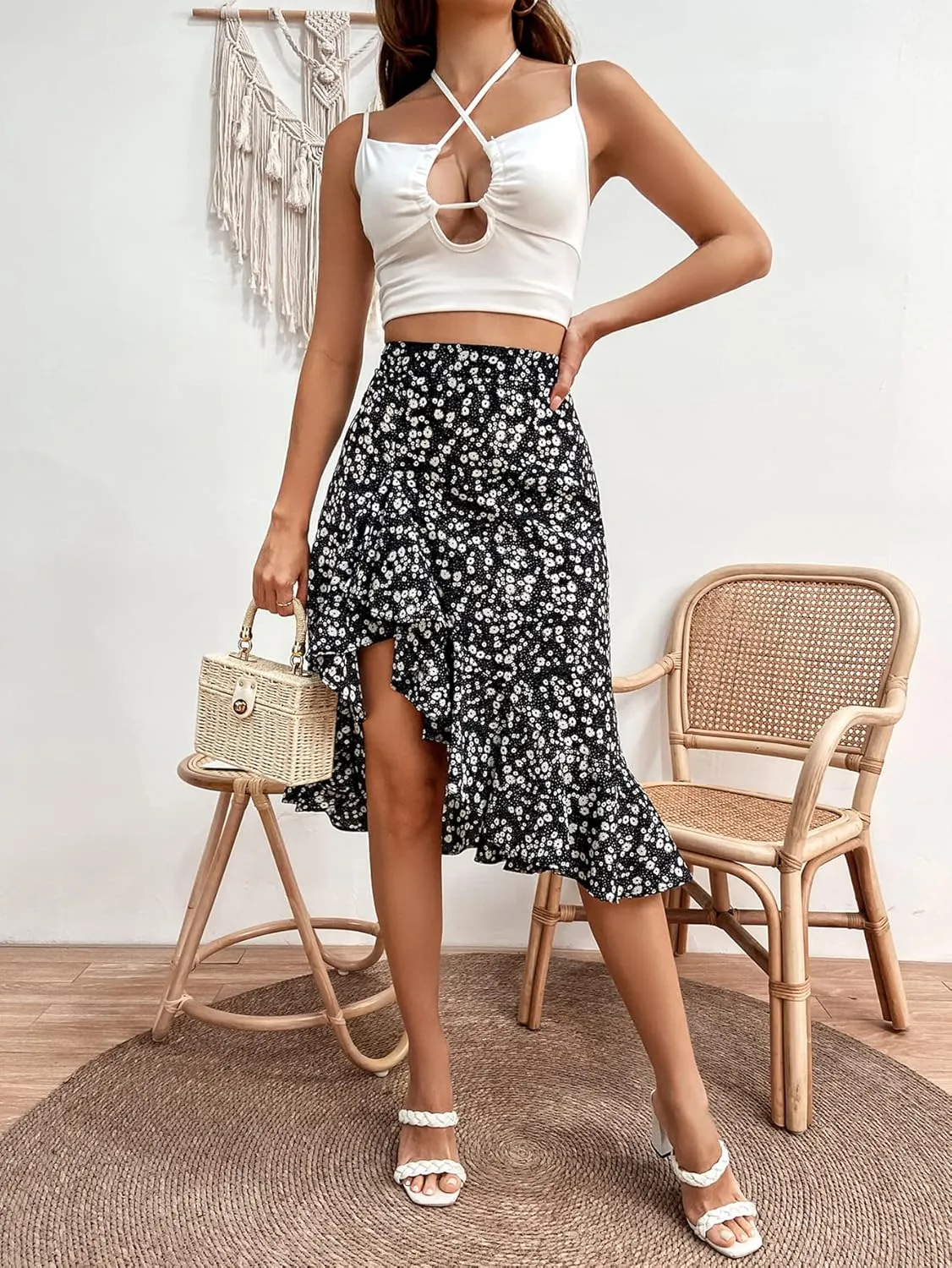 Verdusa Women's Ruffle Trim High Split Printed Skirt