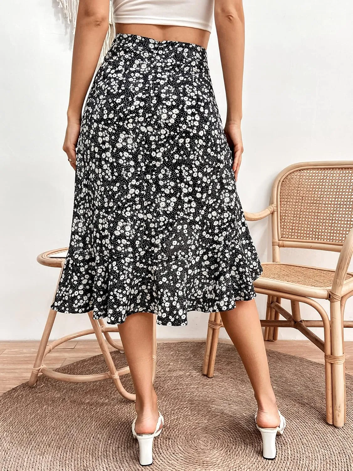 Verdusa Women's Ruffle Trim High Split Printed Skirt