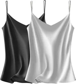 VIDUSSA Sexy Tank Tops Womens Satin Cami Top Pack V Neck Camisole Spaghetti Strap Tank Loose Sleeveless Blouses