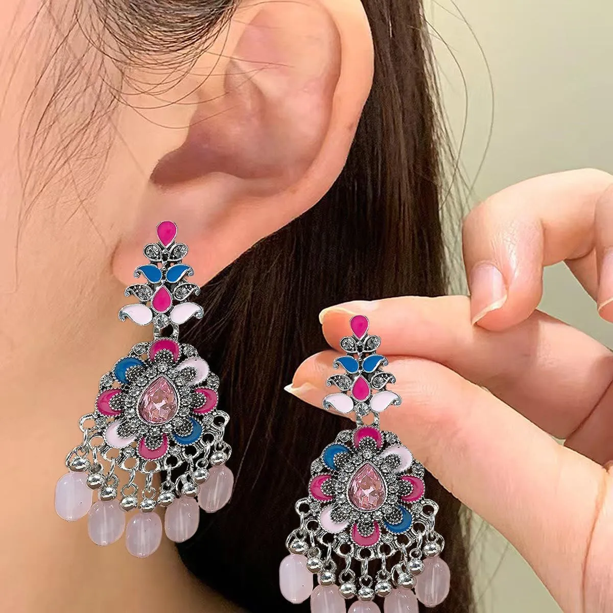 Vintage Boho Beads Drop Dangle Earrings for Women Ethic Retro Chandelier Earrings Traditional Bridal Wedding Earrings Mexico Gypsy Ear Jewelry