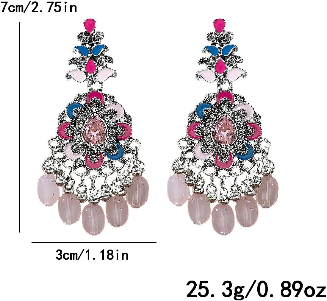 Vintage Boho Beads Drop Dangle Earrings for Women Ethic Retro Chandelier Earrings Traditional Bridal Wedding Earrings Mexico Gypsy Ear Jewelry