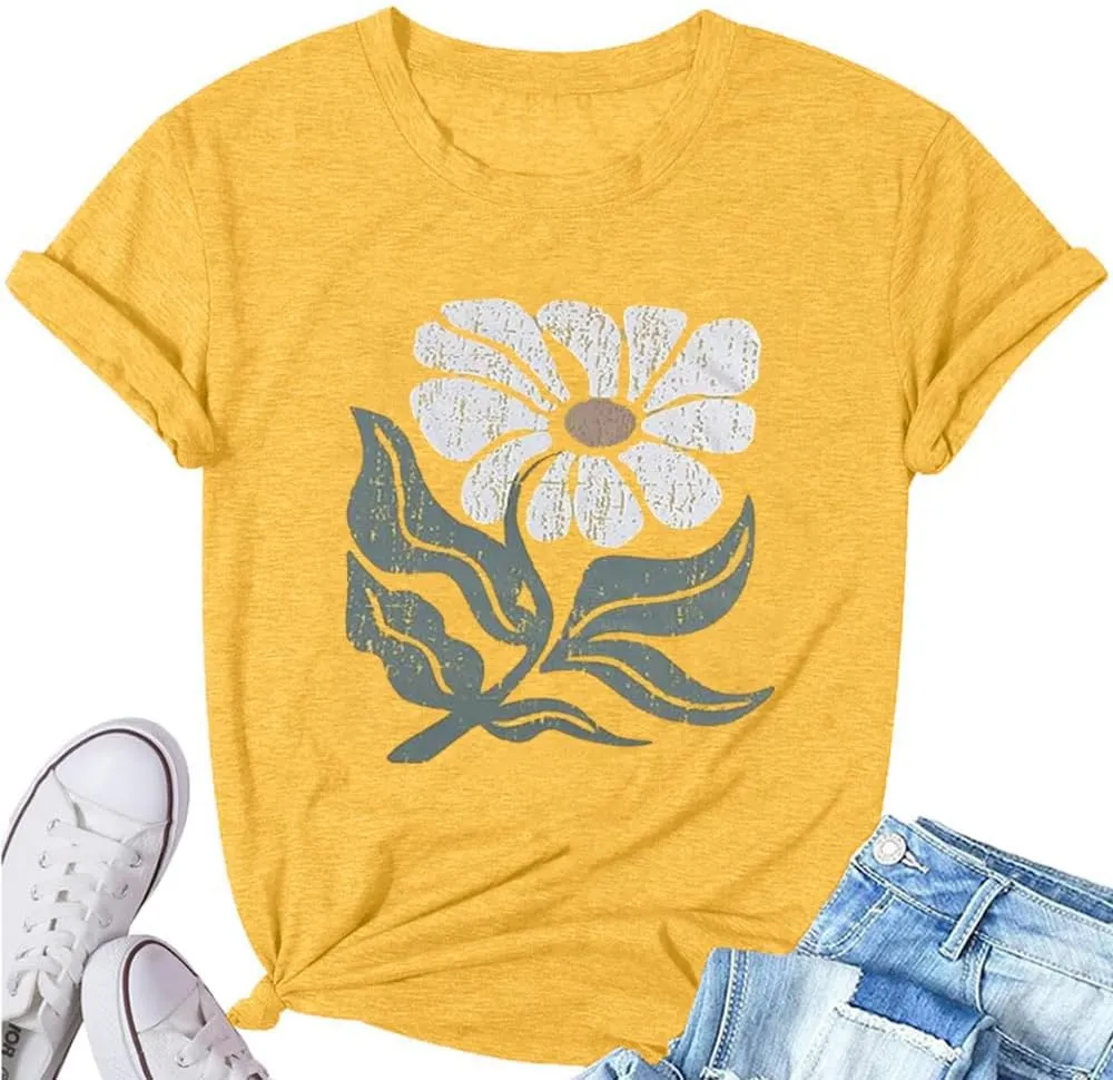Vintage Floral Shirts Women Wildflower Graphic T-Shirt Boho Summer Hiking Casual Nature Plant Botanical Lovers Tee Shirts