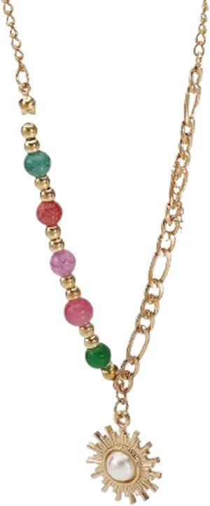Vintage Gold Sun Necklace,Healing Crystal Pearl Choker Dainty Colorful Beaded Necklace Bohemian Charm Pendant Necklace Jewelry for Women