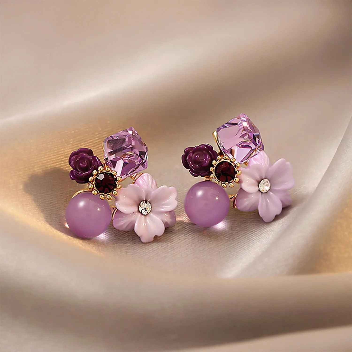 Vintage Stone Crystal Flower Stud Earrings Wedding Party Jewelry for Women