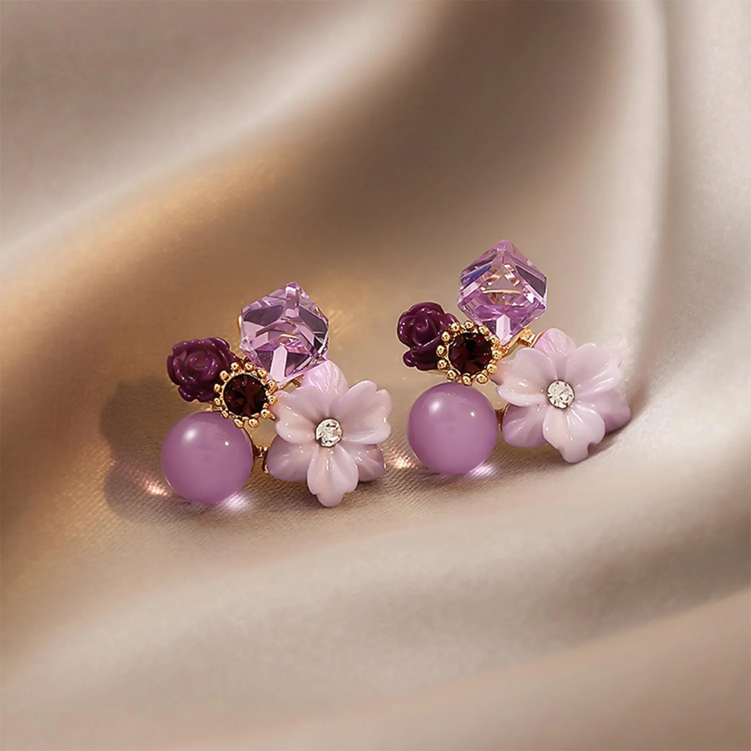 Vintage Stone Crystal Flower Stud Earrings Wedding Party Jewelry for Women