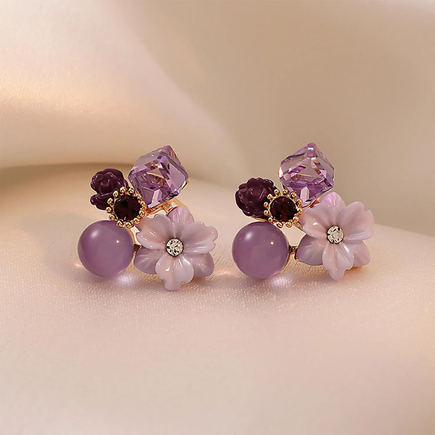Vintage Stone Crystal Flower Stud Earrings Wedding Party Jewelry for Women