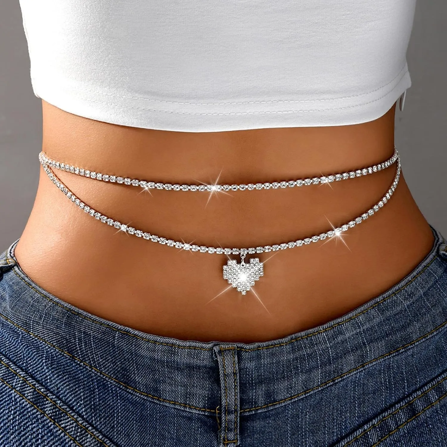 Waist Chain for Women Body Chain Jewelry Silver Rhinestone Waist Chain Belt Silver Navel Belly Chain Crystal Body Chains Jewelry for Summer Beach Outfits
