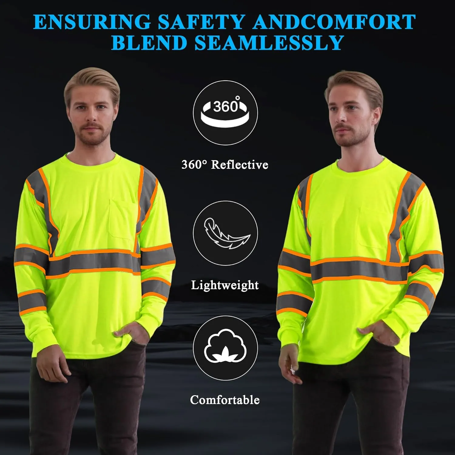 W&H Hi Vis Safety Long Sleeve Shirts Reflective High Visibility Birdeyes Class 3 Shirts,Construction Work