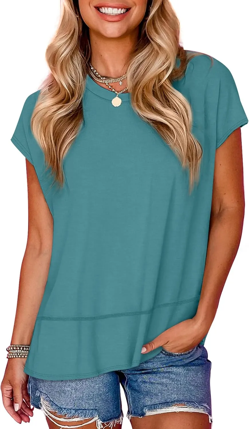 WEESO Womens Summer Tops 2025 Cap Short Sleeve T Shirts Trendy Dressy Casual Crew Neck Loose Fit Shirts