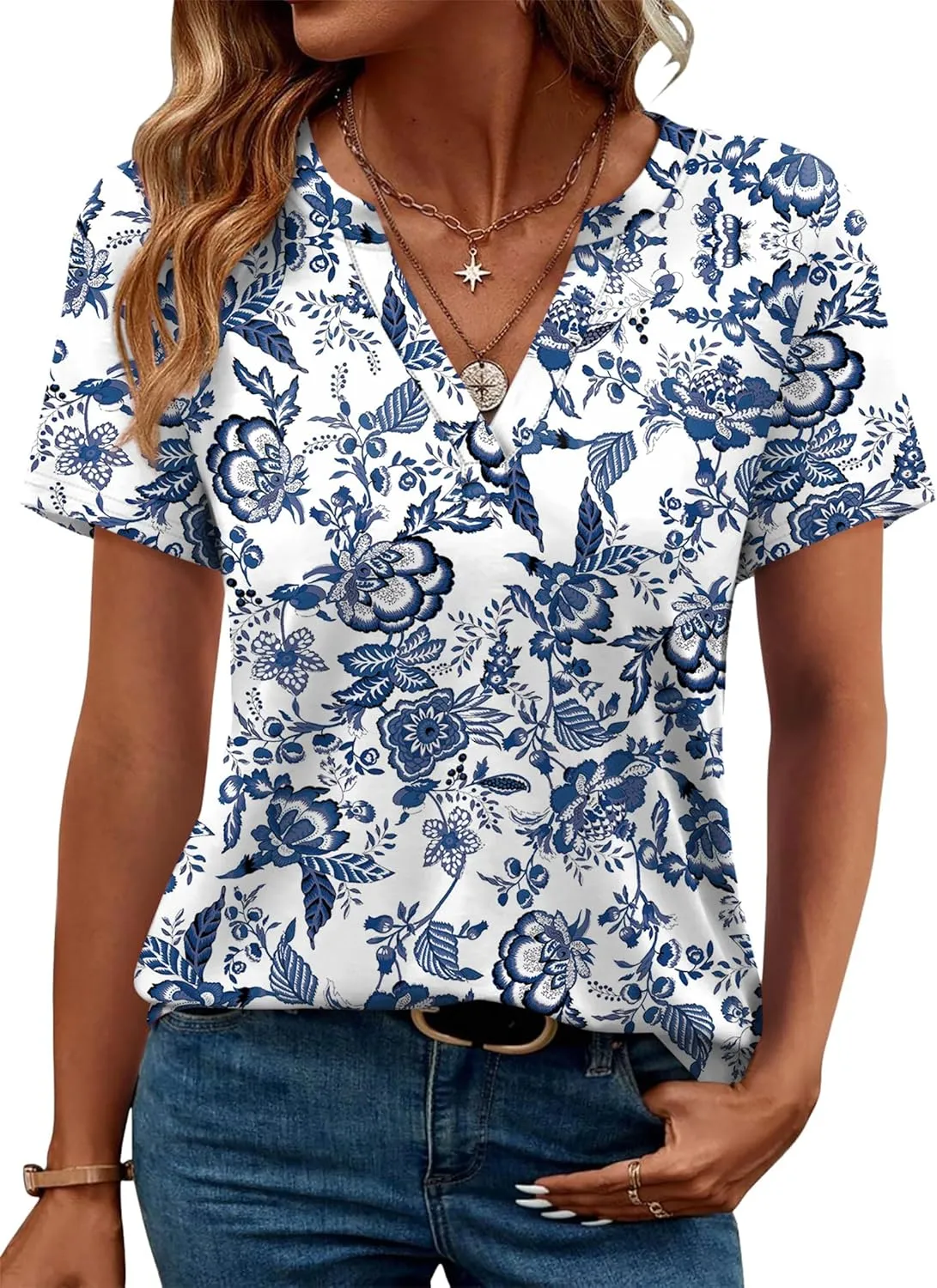 WEESO Womens Tops Summer Short Sleeve V Neck Blouses Business Casual Loose Fit Tshirts Trendy Fashion Outfits