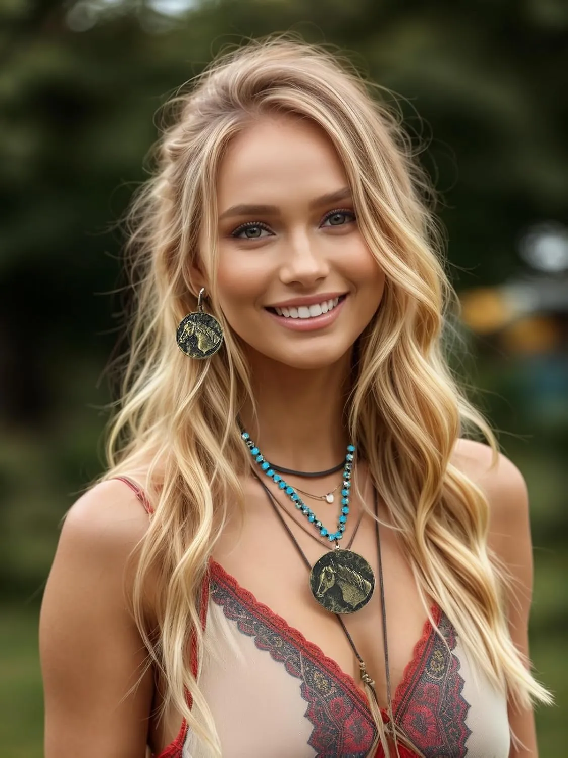 Western Boho Jewelry Turquoise Set Necklace and Earring Sets for Women, Alloy Chain, Bohemian Turquoise Necklaces Earrings Jewelry Gift for Cowgirls Women