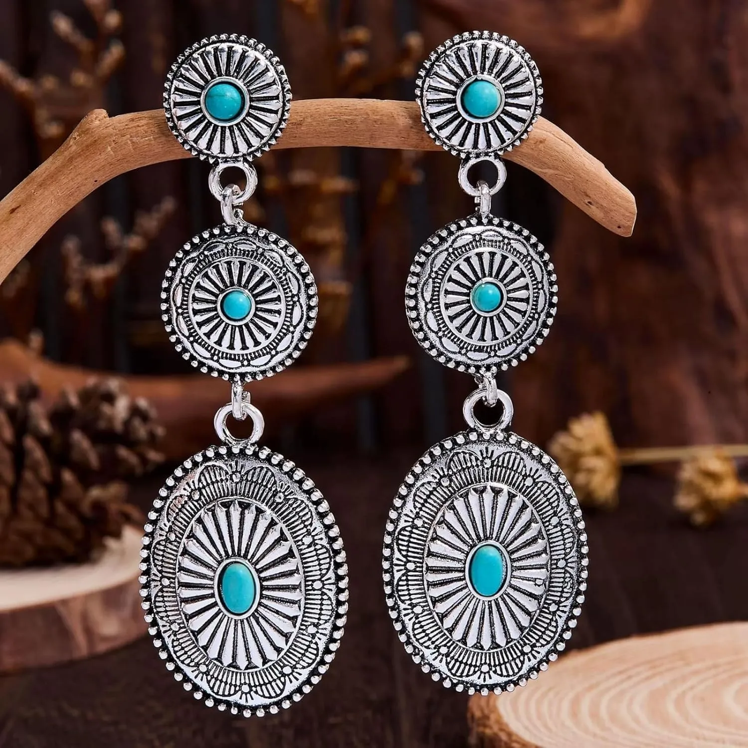 Western Turquoise Earrings for Women Bohemian Vintage Turquoise Geometric Ethnic Teardrop Earrings Statement Western Country Jewelry