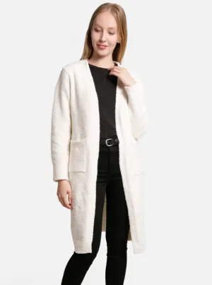 White | ComfyLuxe Solid Long Cardigan With Front Pockets