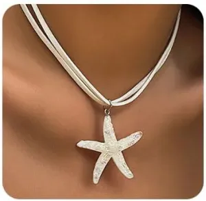 White Starfish Pendant Necklace Boho Starfish Layered Necklace Summer Beach Necklaces Jewelry for Women