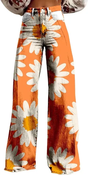 Wide Leg Pants for Women Fashion Casual Floral Print High Waist Buttoned Loose Flared Trouser Fall Vintage Work Pants