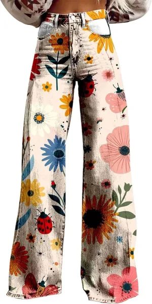 Wide Leg Pants for Women Fashion Casual Floral Print High Waist Buttoned Loose Flared Trouser Fall Vintage Work Pants
