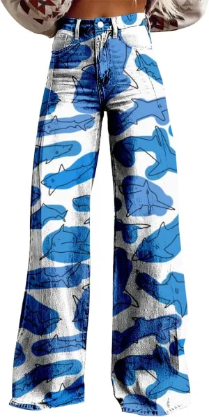 Wide Leg Pants for Women Fashion Casual Floral Print High Waist Buttoned Loose Flared Trouser Fall Vintage Work Pants